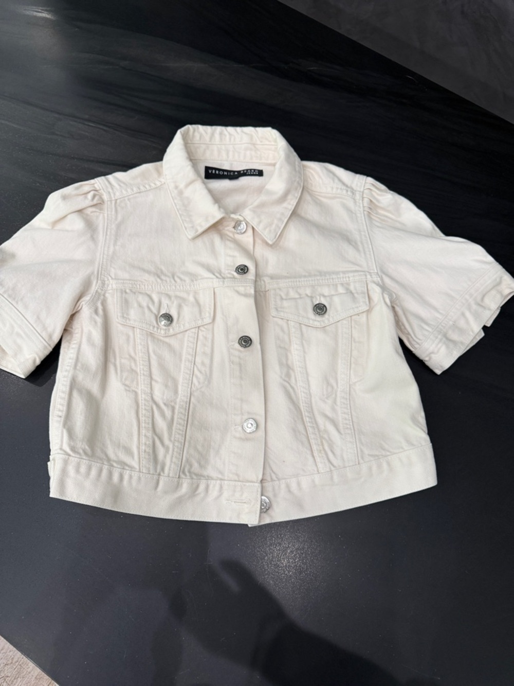 Veronica Beard Cream Short-Sleeve Denim Jacket